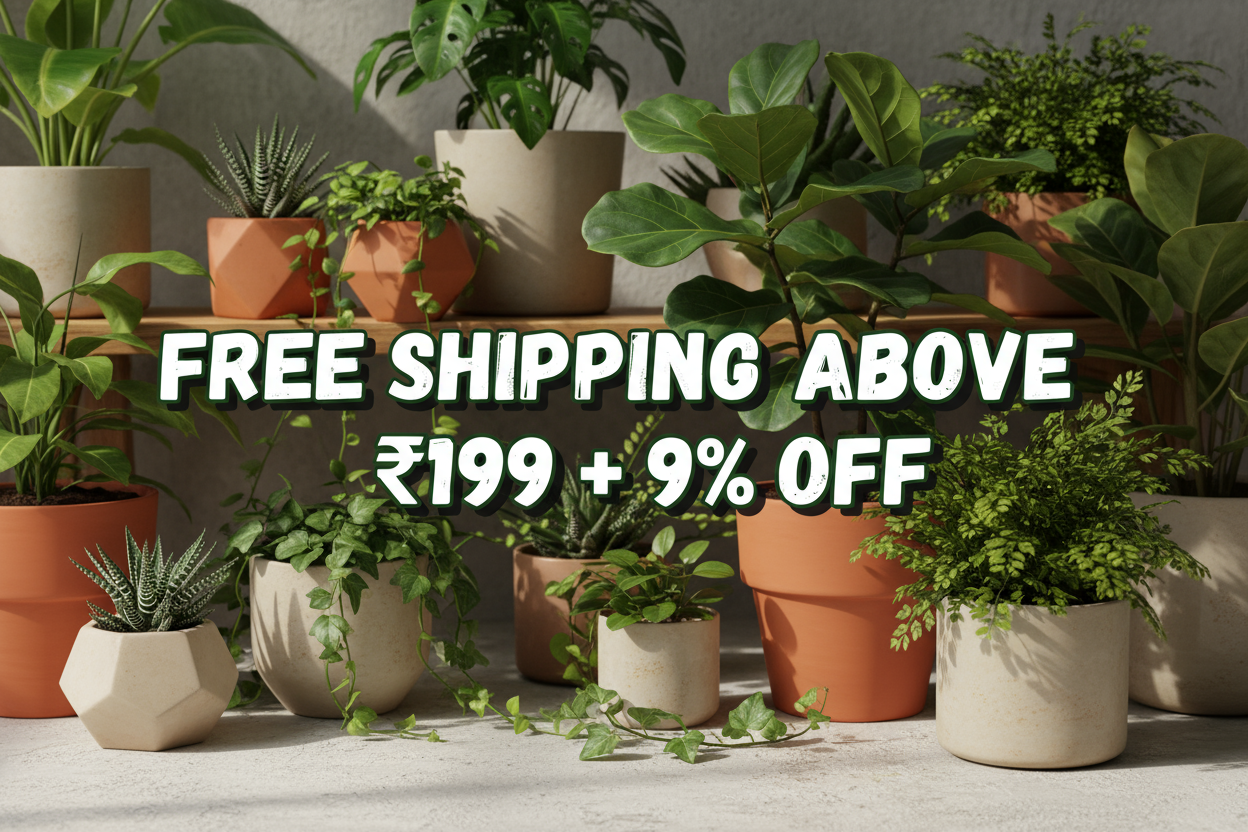 create an image with free shipping above 199 + 9% off with plants in pots background